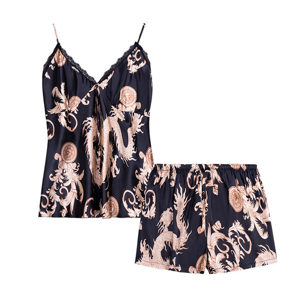 Summer Silk Pajamas Set Women Sleeveless Nightgown Shorts Sexy Loungewear Two Piece Outfit - VINEEMAN