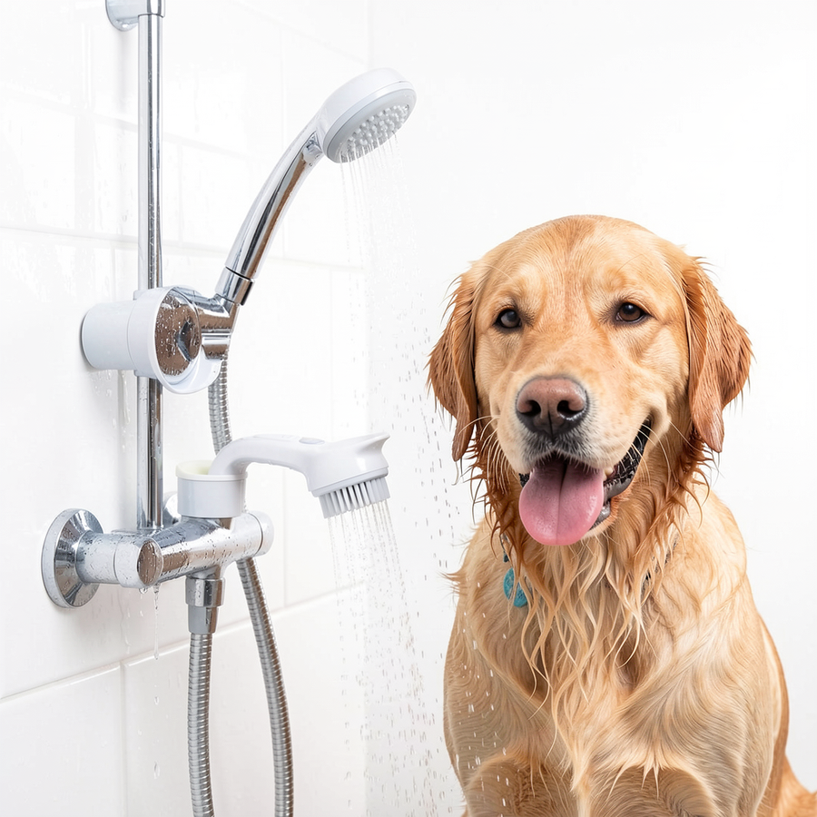 3-in-1 Dog Shower Attachment — Massage Brush Sprayer & Dispenser