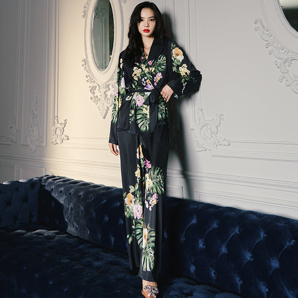 Chiffon Pajamas Women's Spring and Summer Pockets Ice Silk Satin Two-Piece Loungewear Set 2642
