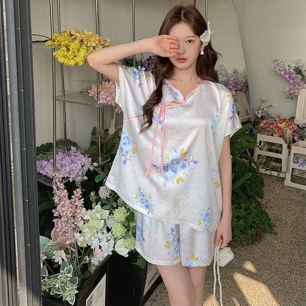 New Chinese style satin summer ice silk thin pajamas female temperament national style suit home clothes can be worn outside
