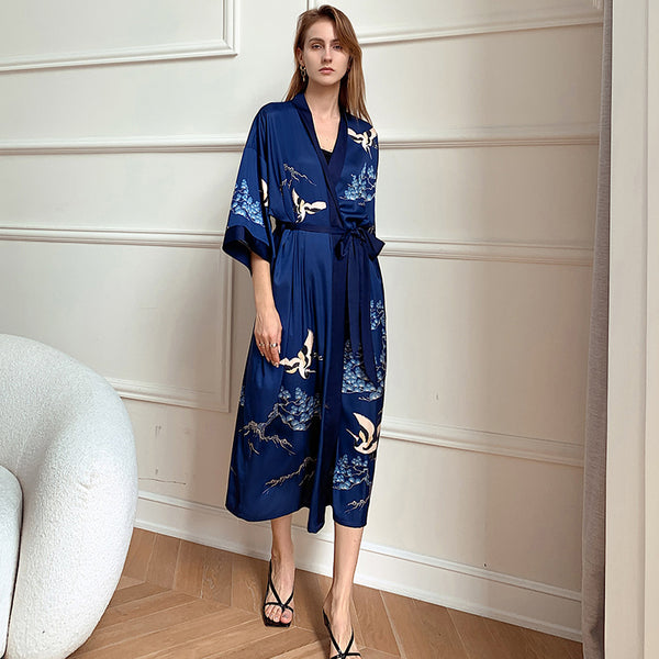Luxury Pine Crane Blue Robe - Women's Nightgown