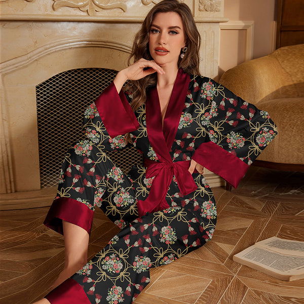 Women's Ice Silk Pajamas Set - Long Sleeve Autumn Loungewear Two-Piece