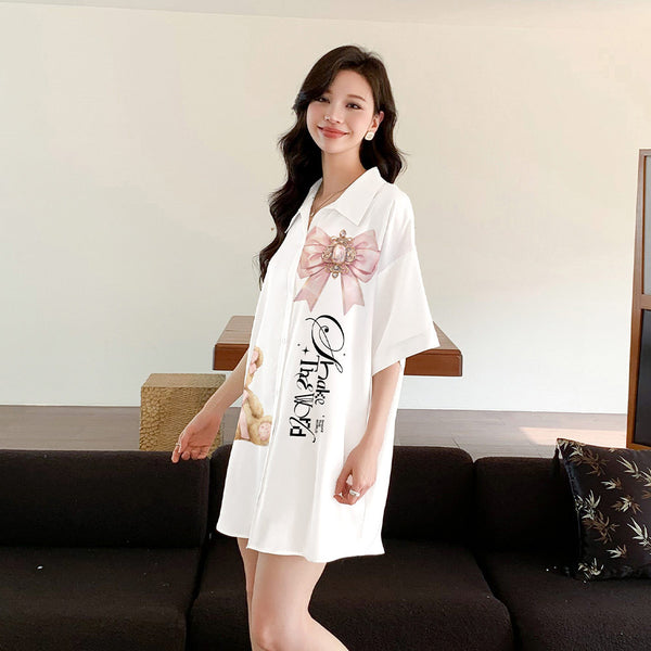 New Style Pajamas Women's Satin Cute Style Cardigan Lapel Summer Short-Sleeved Shirt Nightdress Home Clothes