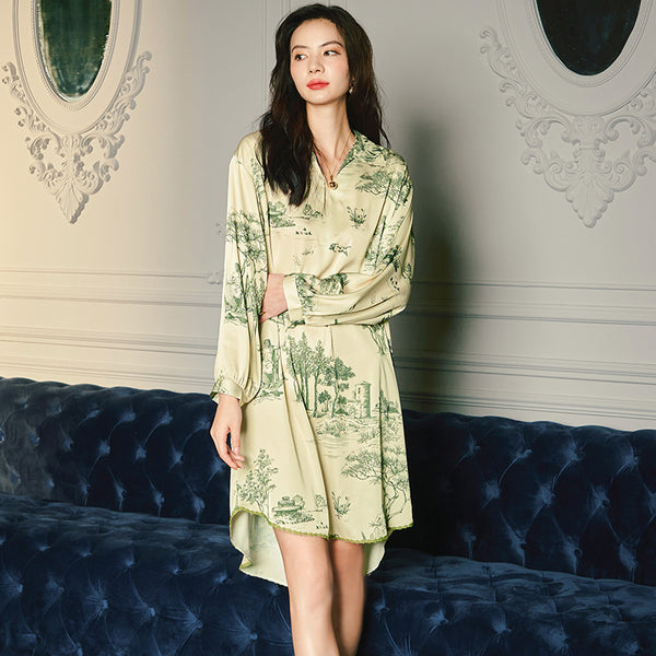 Summer Satin Chiffon V-Neck Nightdress - Loose Oversized Sage Green Homewear
