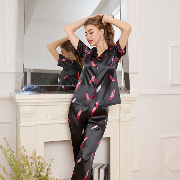 Ice Silk New Pajamas Women's Spring and Autumn Summer Short-Sleeved Trousers Suit Printing High-End Sense