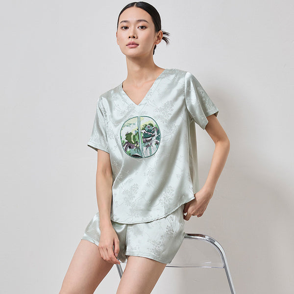 Jacquard Pajamas Summer Women Simple Short-Sleeved Shorts Set V-Neck Loose Ice Silk Jacquard Home Clothes