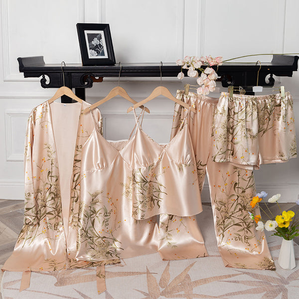 Five-piece set new large size pajamas women's thin printed nightgown suspenders trousers shorts home clothes 22064