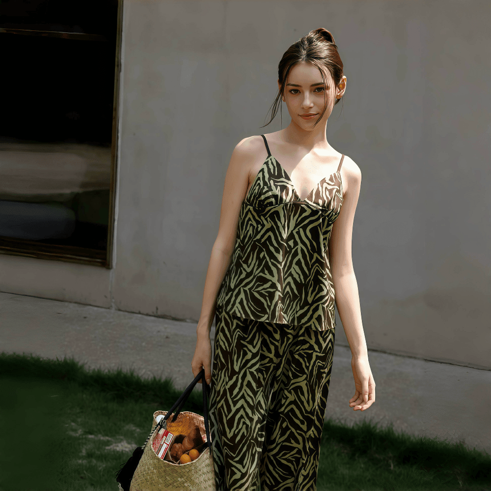 Black and green printed sexy suspender pajamas for women - VINEEMAN