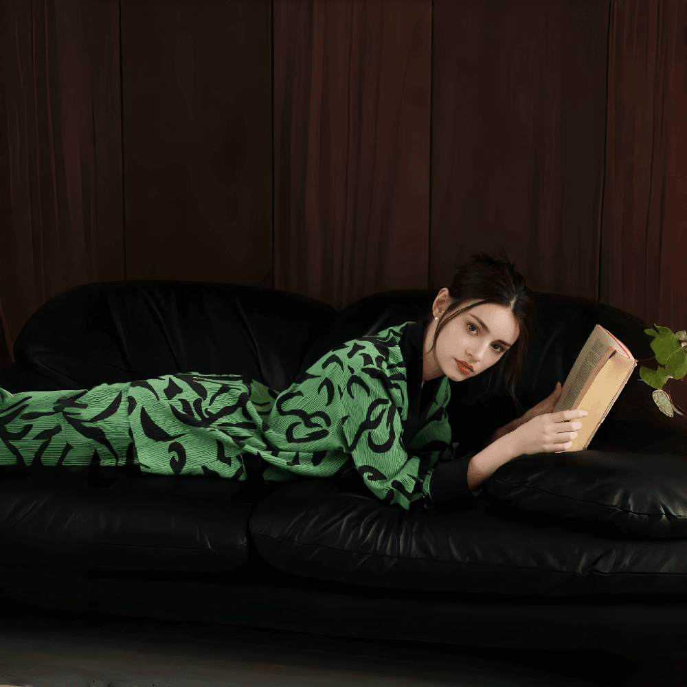 Green long - sleeved plush pajamas for women - VINEEMAN