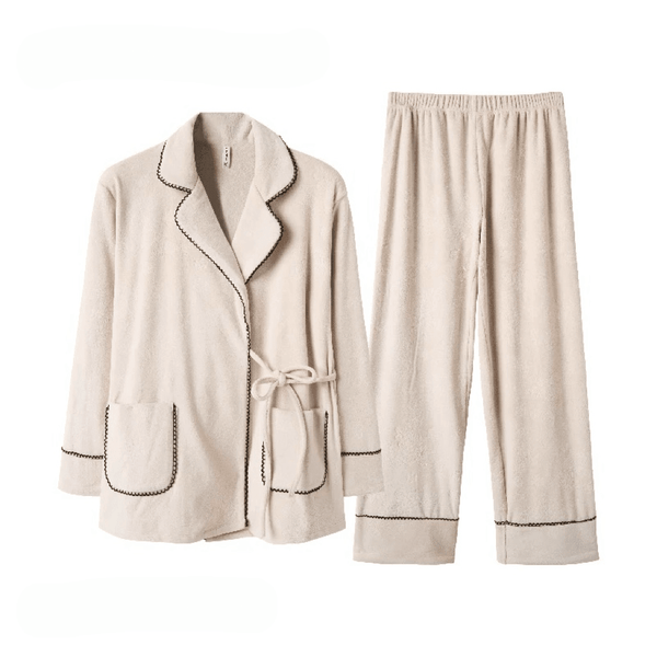 Plush women‘s autumn and winter lace - up lapel long - sleeved pajamas - VINEEMAN