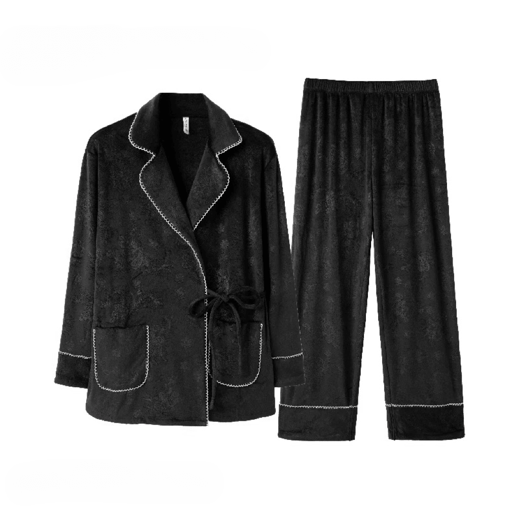 Plush women‘s autumn and winter lace - up lapel long - sleeved pajamas - VINEEMAN